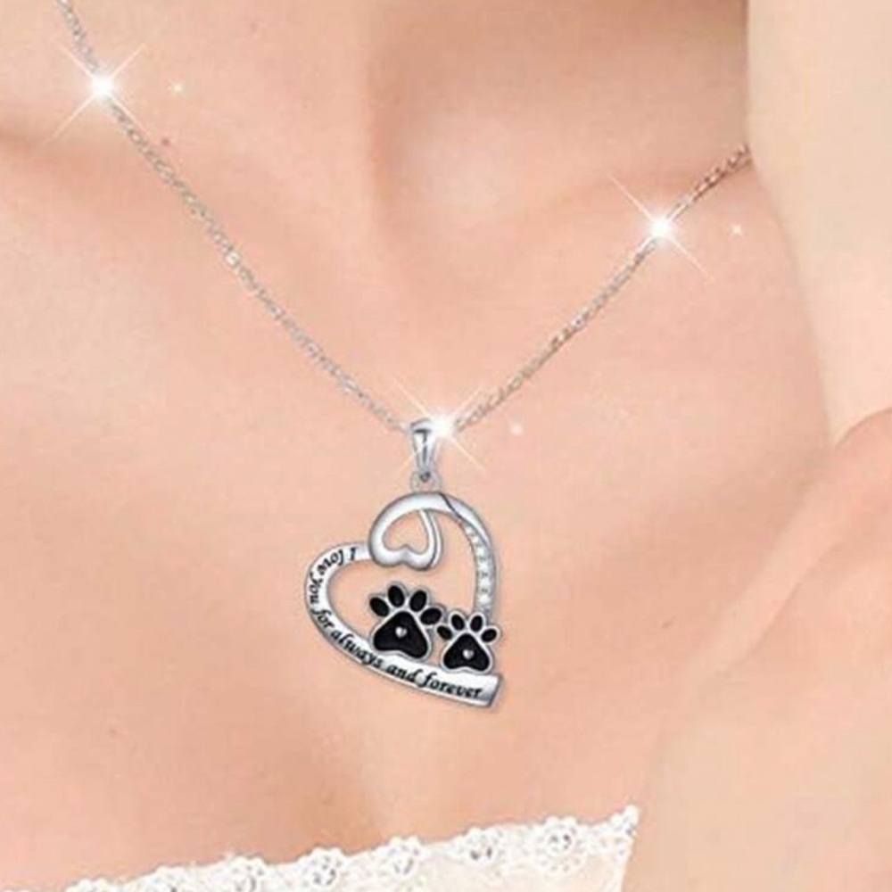 Silver Tone Heart Paw Print Necklace - Picture 2 of 4
